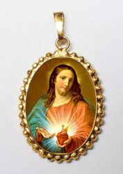 Imagen de Sagrado Corazón de Jesús Medalla colgante oval de corona mm 24x30 (0,94x1,18 inch) Plata con baño de oro y Porcelana para Mujer
