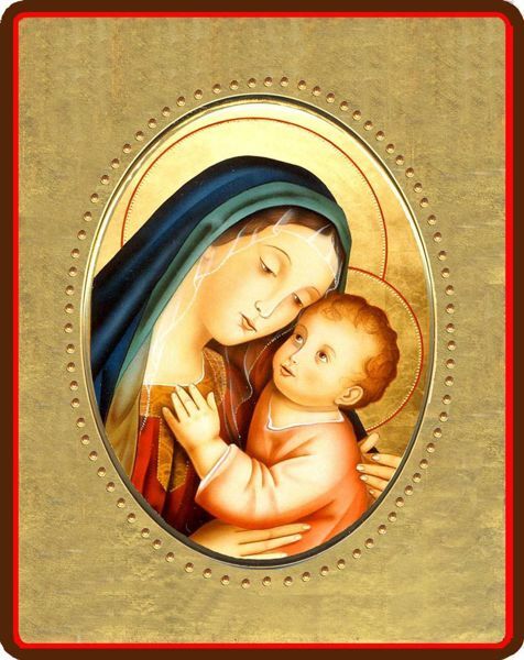 Immagine di Madonna con Bambino Icona in porcellana su tavola dorata cm 8x10x1,3 (3,15x3,9x0,5 inch) da muro e da tavolo