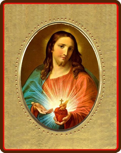 Imagen de Sagrado Corazón de Jesús Icono de Porcelana sobre tablero dorado cm 8x10x1,3 (3,15x3,9x0,5 inch) de mesa y pared