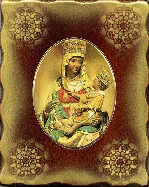 Imagen de Virgen con Niño Icono de Porcelana sobre tablero dorado cm 15x20x2,5 (5,9x7,9x1,0 inch) de mesa y pared