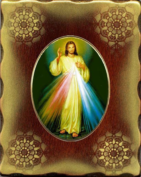 Imagen de Jesús misericordioso Icono de Porcelana sobre tablero dorado cm 15x20x2,5 (5,9x7,9x1,0 inch) de mesa y pared