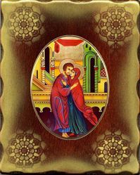 Picture of The embrace of the newlyweds St Anne and Saint Joachim Porcellain Icon on golden board cm 15x20x2,5 (5,9x7,9x1,0 inch) for table and wall