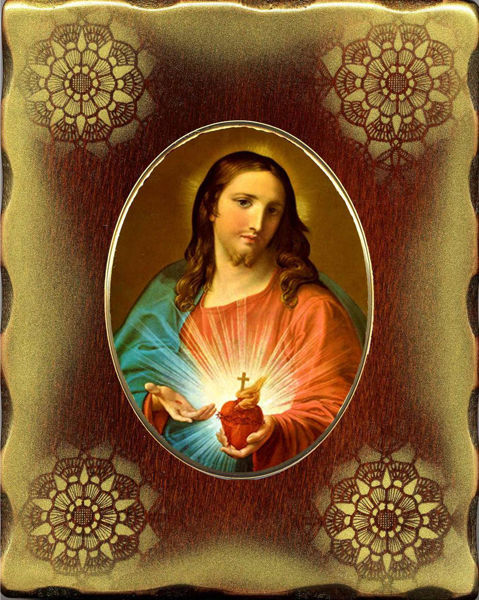 Immagine di Sacro Cuore di Gesù Icona in Porcellana su tavola dorata cm 15x20x2,5 (5,9x7,9x1,0 inch) da muro e da tavolo
