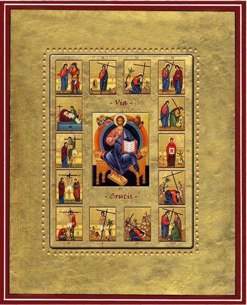 Imagen de Via Crucis Icono de Porcelana sobre tablero dorado cm 18x22x2,5 (7,1x8,7x1 inch) de mesa y pared