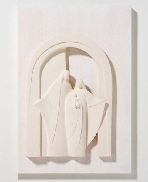 Picture of Holy Family Porch on wooden board cm 30x40 (11,8x15,7 inch) Bas-relief Nativity Scene Sculpture in white refractory clay Ceramica Centro Ave Loppiano