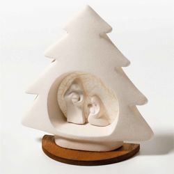 Picture of Christmas Tree on wooden board Ecru cm 21 (8,3 inch) Nativity Scene Statue in white refractory clay Ceramica Centro Ave Loppiano