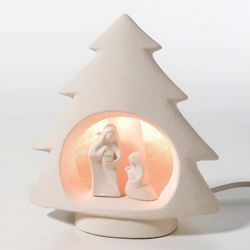 Picture of Saint Lucy Nativity Scene with Christmas Tree and internal lighting cm 19,5 (7,7 inch) in white refractory clay Ceramica Centro Ave Loppiano