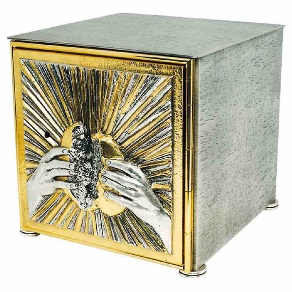 Imagen de Sagrario de mesa cm 23x21x20 (9,1x8,3x7,9 inch) Manos rompen el Pan de latón bicolor para Altar Iglesia