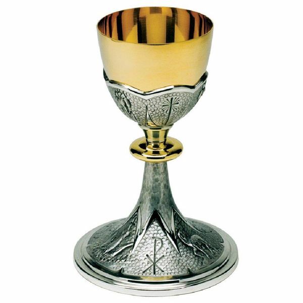 Picture of Tall Liturgical Chalice H. cm 21 (8,3 inch) Pax Lamb Dove Fish Lilies brass for Holy Mass Sacramental Wine
