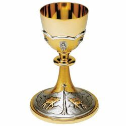 Picture of Tall Liturgical Chalice H. cm 21 (8,3 inch) Deers at Spring bicolour brass for Holy Mass Sacramental Wine