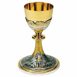 Picture of Tall Liturgical Chalice H. cm 21 (8,3 inch) the Good Shepherd bicolour brass for Holy Mass Sacramental Wine