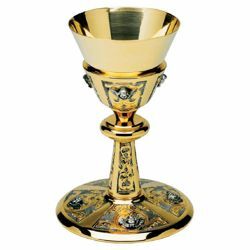 Picture of Liturgical Chalice H. cm 18 (7,1 inch) Cherubs bicolour brass for Holy Mass Sacramental Wine