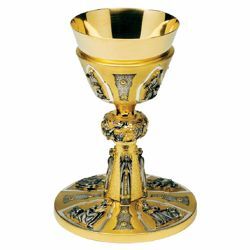 Picture of Liturgical Chalice H. cm 19 (7,5 inch) Evangelists bicolour brass for Holy Mass Sacramental Wine