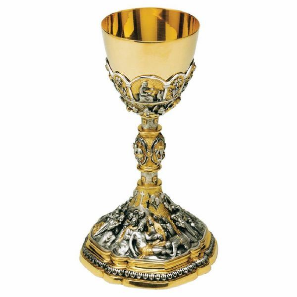 Picture of Tall Liturgical Chalice H. cm 24 (9,4 inch) Deposition and religious Symbols bicolour brass for Holy Mass Sacramental Wine