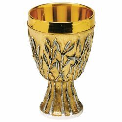 Picture of Low liturgical Chalice Large size cup H. cm 16 (6,3 inch) Olive Trees bicolour brass for Holy Mass Sacramental Wine