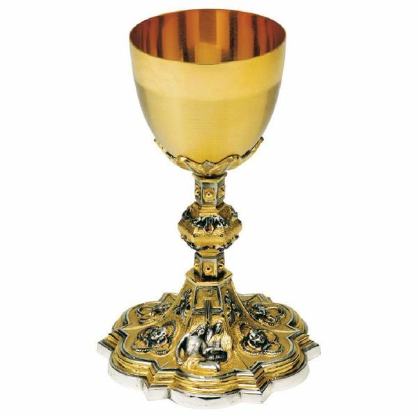 Imagen de Cáliz eucarístico H. cm 20 (7,9 inch) Pasión de Cristo de latón bicolor para Vino Sacramental Santa Misa