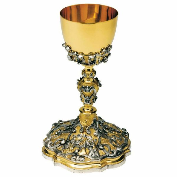 Picture of Tall Liturgical Chalice H. cm 22 (8,7 inch) Miracles bicolour brass for Holy Mass Sacramental Wine