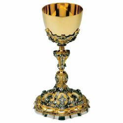 Picture of Tall Liturgical Chalice H. cm 24 (9,4 inch) Sacred Heart and Lilies bicolour brass for Holy Mass Sacramental Wine