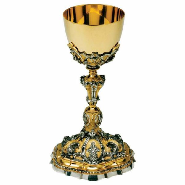 Imagen de Cáliz eucarístico alto H. cm 24 (9,4 inch) Sagrado Corazón y Lirios de latón bicolor para Vino Sacramental Santa Misa