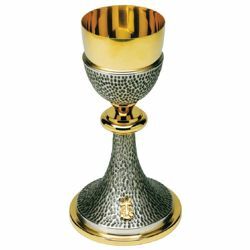 Picture of Liturgical Chalice H. cm 20 (7,9 inch) Cross chiseled brass for Holy Mass Sacramental Wine