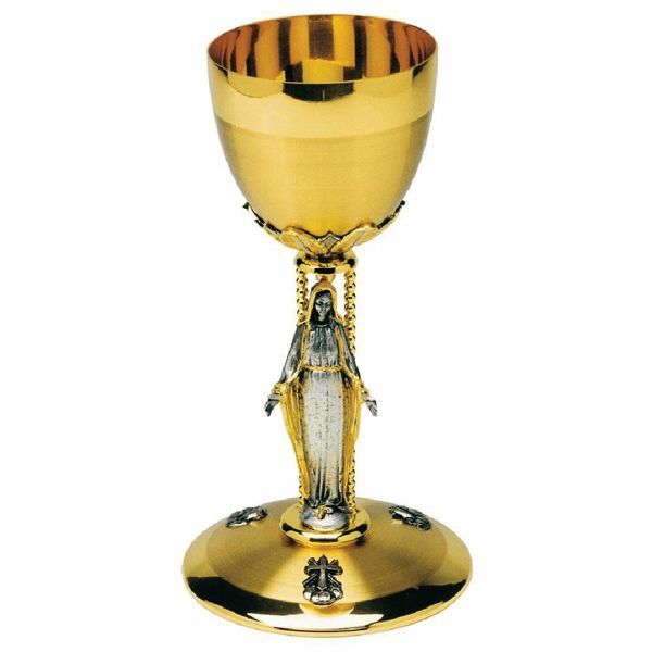 Picture of Liturgical Chalice H. cm 20 (7,9 inch) Virgin Mary IHS and Eye of God bicolour brass for Holy Mass Sacramental Wine