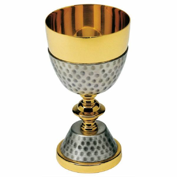 Picture of Low liturgical Chalice H. cm 14 (5,5 inch) with hammered base brass for Holy Mass Sacramental Wine