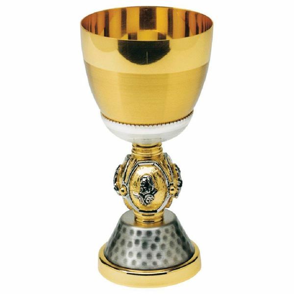 Picture of Low liturgical Chalice H. cm 16 (6,3 inch) four Evangelists bicolour brass for Holy Mass Sacramental Wine
