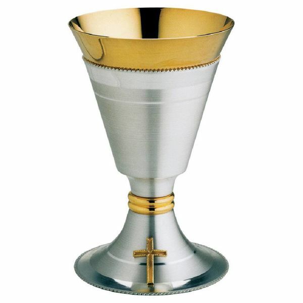 Picture of Low liturgical Chalice H. cm 15 (5,9 inch) golden Cross brass for Holy Mass Sacramental Wine