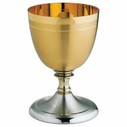 Imagen de Cáliz eucarístico bajo copa grande H. cm 12 (4,7 inch) Acabado liso y satinado de latón satinado para Vino Sacramental Santa Misa