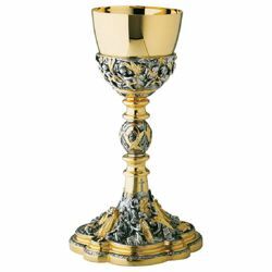 Picture of Tall Liturgical Chalice H. cm 24 (9,4 inch) Deposition and Angels bicolour brass for Holy Mass Sacramental Wine