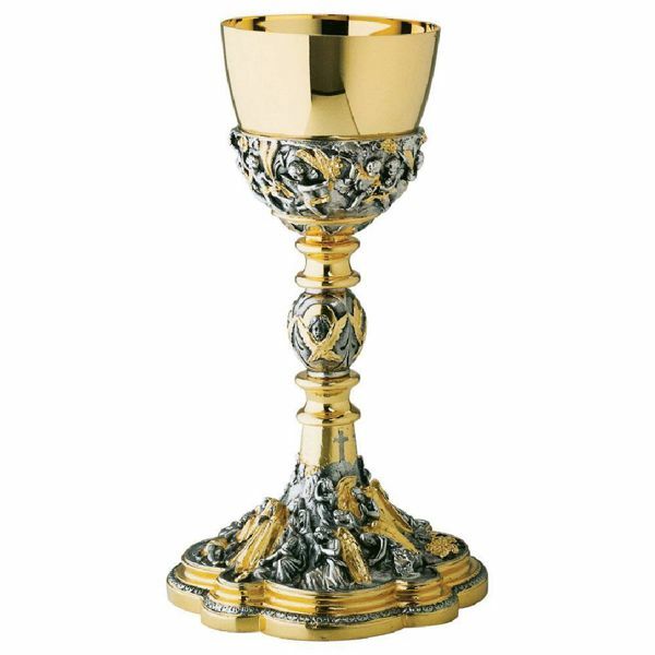 Picture of Tall Liturgical Chalice H. cm 24 (9,4 inch) Deposition and Angels bicolour brass for Holy Mass Sacramental Wine