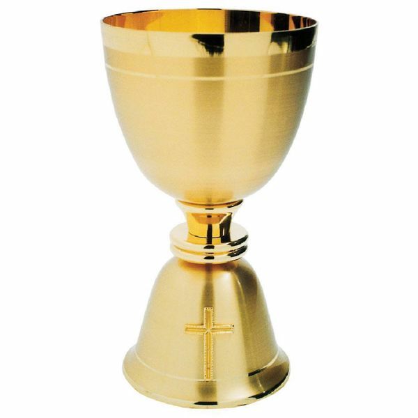Picture of Low liturgical Chalice Large size cup H. cm 16 (6,3 inch) enamel Cross satin brass for Holy Mass Sacramental Wine
