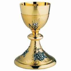 Imagen de Cáliz eucarístico H. cm 18 (7,1 inch) Uvas y Espigas de latón bicolor para Vino Sacramental Santa Misa