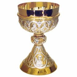 Imagen de Cáliz eucarístico copa grande H. cm 19 (7,5 inch) Doce Apóstoles de plata 800/1000 para Vino Sacramental Santa Misa
