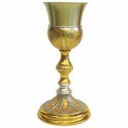 Imagen de Cáliz eucarístico alto H. cm 26 (10,2 inch) Espigas y Lirios de latón bicolor para Vino Sacramental Santa Misa
