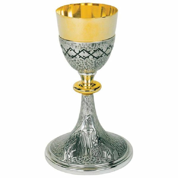 Imagen de Cáliz eucarístico alto H. cm 21 (8,3 inch) Ciervos en la Fuente y Corona de Espinas de latón para Vino Sacramental Santa Misa
