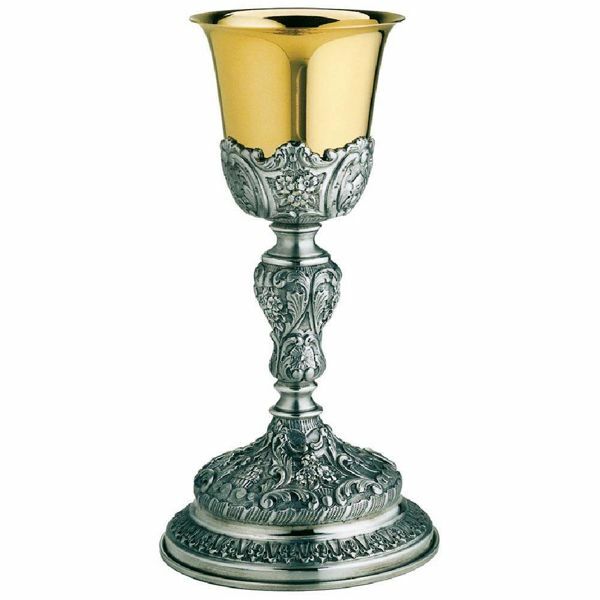 Picture of Tall Liturgical Chalice H. cm 26 (10,2 inch) Bread Lamb and Tables of the Law 800/1.000 silver for Holy Mass Sacramental Wine