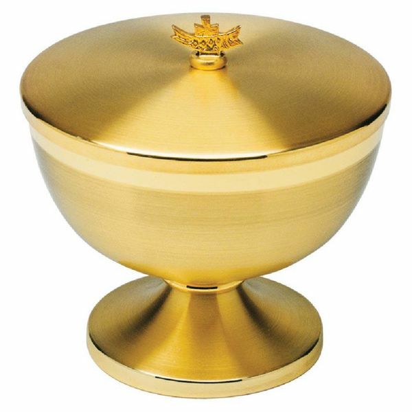 Picture of Liturgical Ciborium H. cm 10/12/14 (4,0/4,7/5,5 inch) Fish and Cross bicolour brass Catholic Church vessel with lid for Holy Mass
