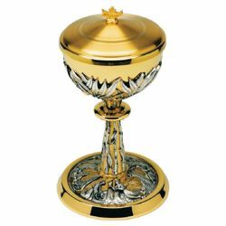 Picture of Liturgical Ciborium Diam. cm 12 (4,7 inch) Olive Trees bicolour brass Catholic Church vessel with lid for Holy Mass