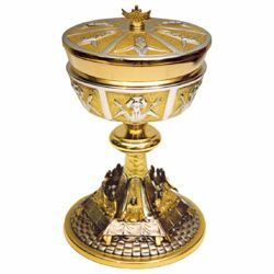 Picture of Large cup Liturgical Ciborium Diam. cm 13,5 (5,3 inch) Last Supper bicolour brass Catholic Church vessel with lid for Holy Mass