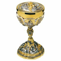 Picture of Large cup Liturgical Ciborium Diam. cm 13 (5,1 inch) religious Symbols bicolour brass Catholic Church vessel with lid for Holy Mass