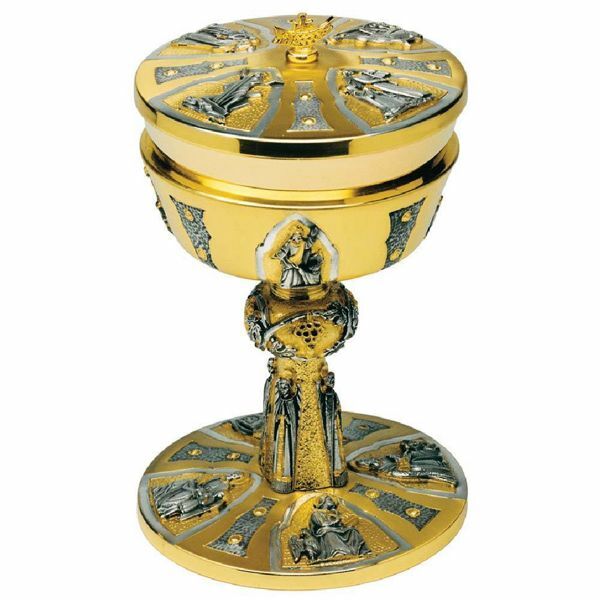 Picture of Large cup Liturgical Ciborium Diam. cm 13,5 (5,3 inch) Evangelists Angels and Grapes bicolour brass Catholic Church vessel with lid for Holy Mass