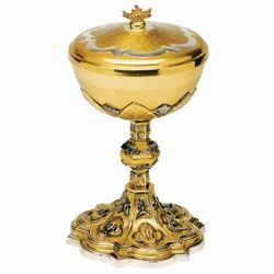 Picture of Liturgical Ciborium Diam. cm 12 (4,7 inch) Crucifixion bicolour brass Catholic Church vessel with lid for Holy Mass