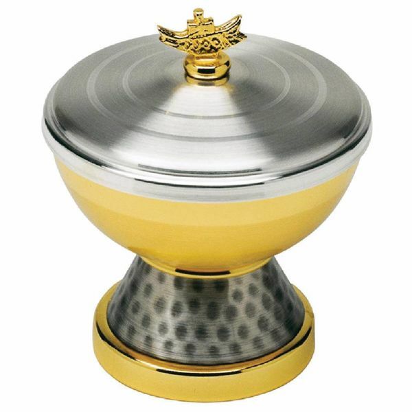 Picture of Liturgical Ciborium Diam. cm 10 (3,9 inch) with hammered base bicolour brass Catholic Church vessel with lid for Holy Mass