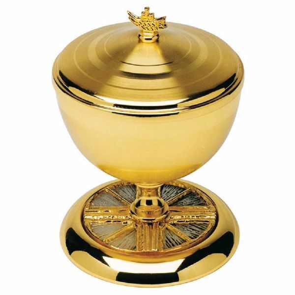 Picture of Liturgical Ciborium Diam. cm 12 (4,7 inch) Cross and Rays of Light bicolour brass Catholic Church vessel with lid for Holy Mass