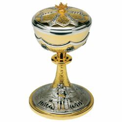 Picture of Liturgical Ciborium Diam. cm 12 (4,7 inch) the Good Shepherd bicolour brass Catholic Church vessel with lid for Holy Mass
