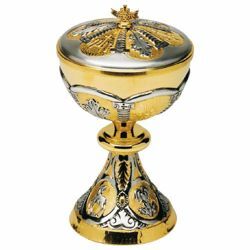 Picture of Liturgical Ciborium Diam. cm 12 (4,7 inch) Bread Fishes and religious Symbols bicolour brass Catholic Church vessel with lid for Holy Mass
