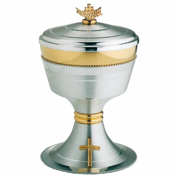 Picture of Liturgical Ciborium Diam. cm 10 (3,9 inch) golden Cross bicolour brass Catholic Church vessel with lid for Holy Mass