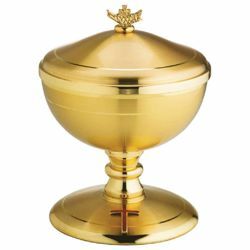 Picture of Liturgical Ciborium Diam. cm 12 (4,7 inch) modern style and enamel Cross bicolour brass Catholic Church vessel with lid for Holy Mass