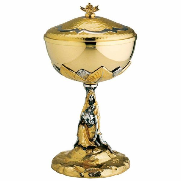 Picture of Liturgical Ciborium Diam. cm 12 (4,7 inch) Deposition from the Cross bicolour brass Catholic Church vessel with lid for Holy Mass